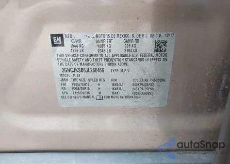 2018 Chevrolet Trax Ls из США, поврежденный, VIN 3GNCJKSB6JL260466